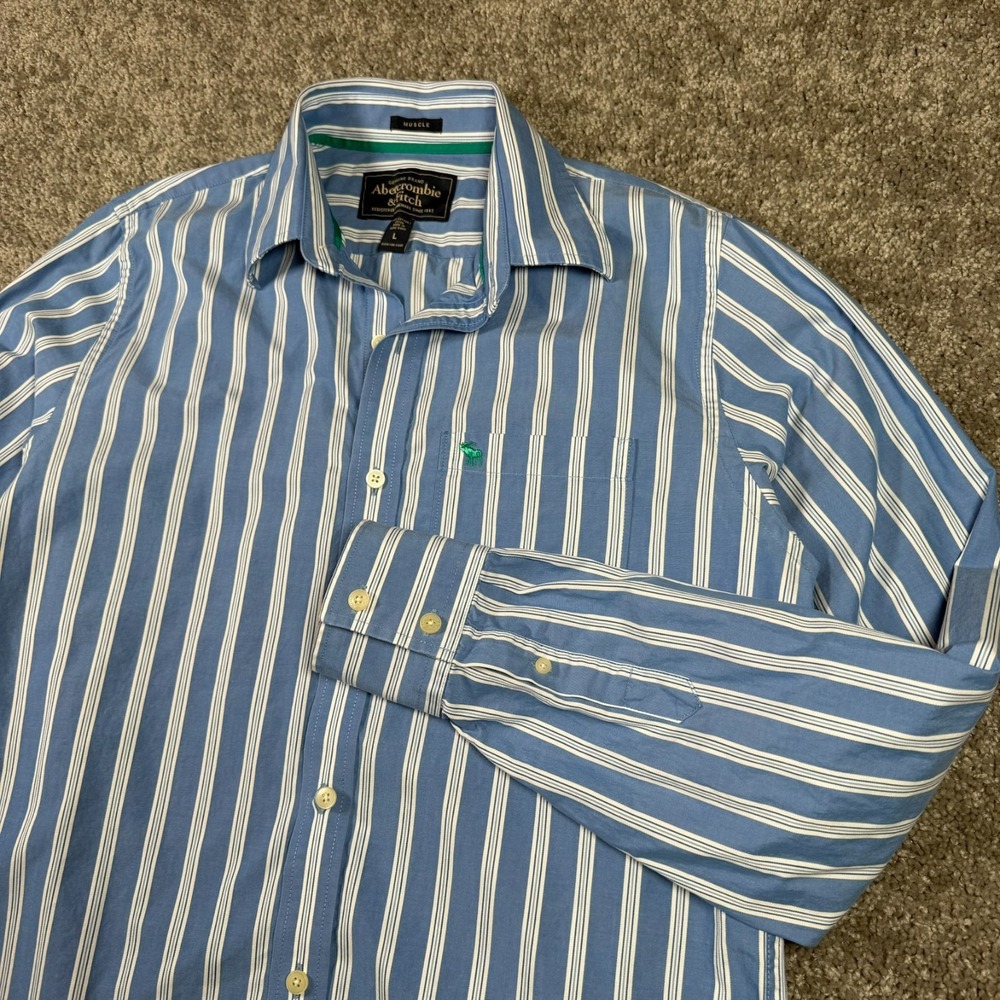 VTG Abercrombie & Fitch Men's L Muscle Fit Blue White Striped Button Down Moose
